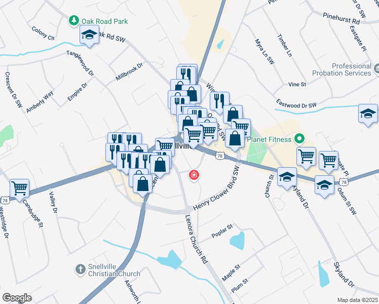 map of restaurants, bars, coffee shops, grocery stores, and more near in Snellville