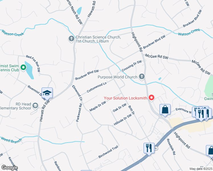 map of restaurants, bars, coffee shops, grocery stores, and more near 3332 Cottonwood Lane in Snellville