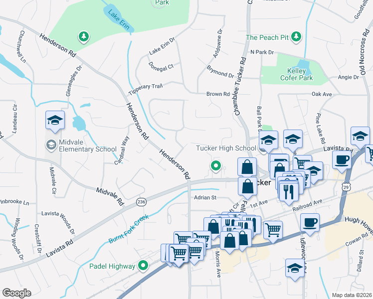 map of restaurants, bars, coffee shops, grocery stores, and more near 4029 Morgan Road in Tucker