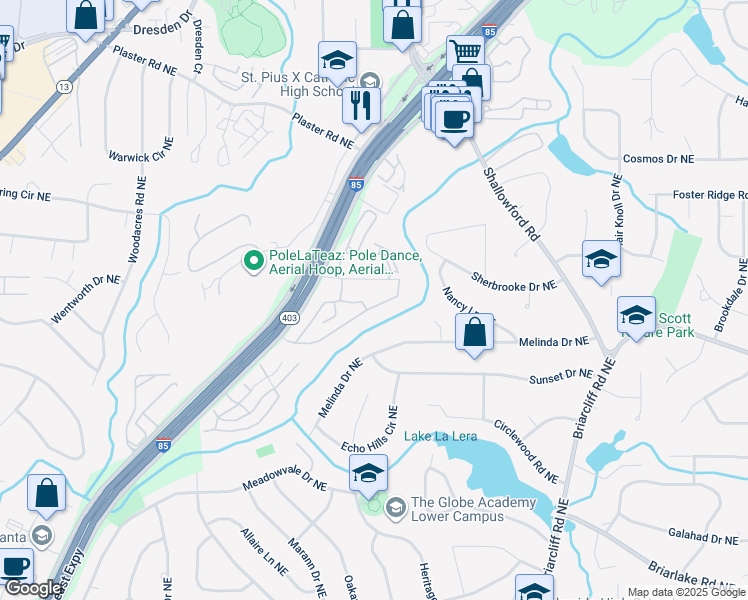 map of restaurants, bars, coffee shops, grocery stores, and more near 2435 Peachwood Circle Northeast in Atlanta