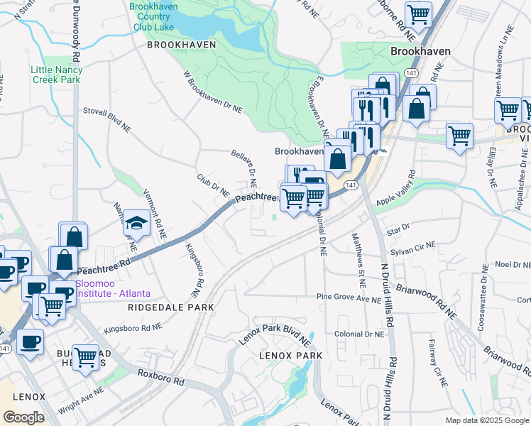 map of restaurants, bars, coffee shops, grocery stores, and more near 2443 East Club Drive Northeast in Atlanta