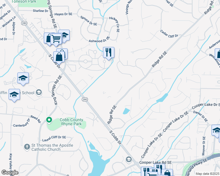 map of restaurants, bars, coffee shops, grocery stores, and more near 4005 South Cobb Drive Southeast in Smyrna