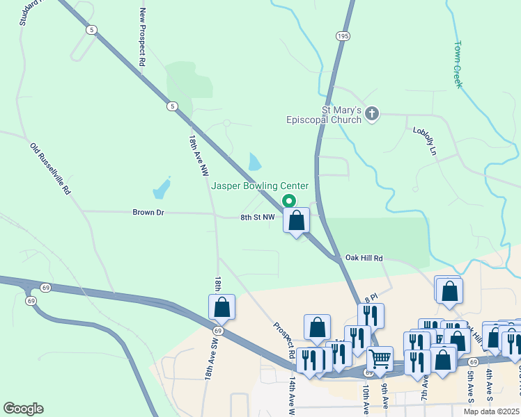 map of restaurants, bars, coffee shops, grocery stores, and more near 1406 8th Street Northwest in Jasper