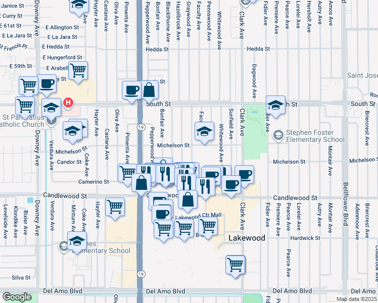 map of restaurants, bars, coffee shops, grocery stores, and more near 5529 Graywood Avenue in Lakewood