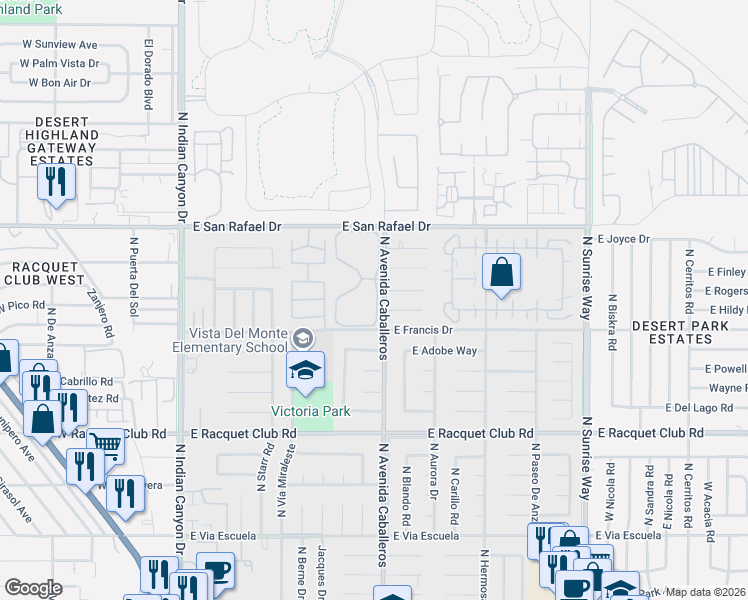 map of restaurants, bars, coffee shops, grocery stores, and more near 944 Sundance Circle South in Palm Springs