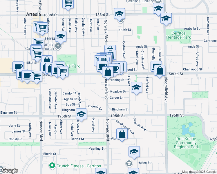 map of restaurants, bars, coffee shops, grocery stores, and more near 19106 Fagan Court in Cerritos