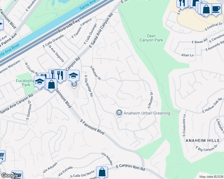 map of restaurants, bars, coffee shops, grocery stores, and more near 381 South Yorkshire Circle in Anaheim