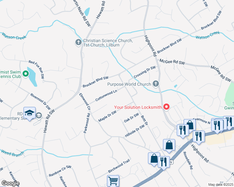 map of restaurants, bars, coffee shops, grocery stores, and more near 3332 Cottonwood Lane in Snellville