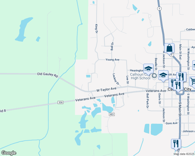map of restaurants, bars, coffee shops, grocery stores, and more near 111 Hill Street in Calhoun City