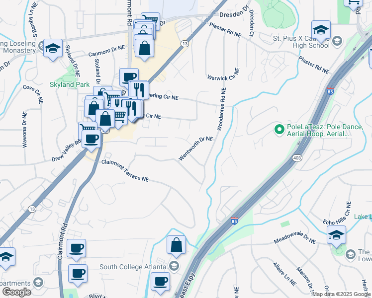 map of restaurants, bars, coffee shops, grocery stores, and more near 2442 Wentworth Drive Northeast in Atlanta