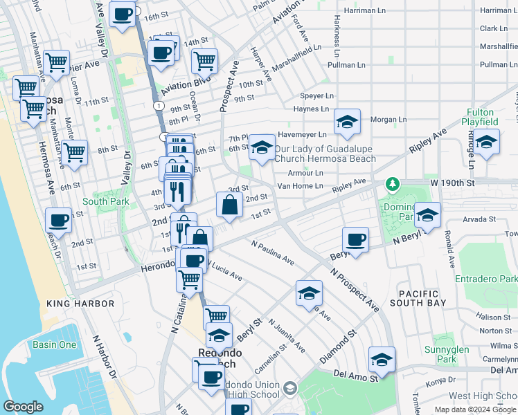 map of restaurants, bars, coffee shops, grocery stores, and more near 1210 1st Place in Hermosa Beach