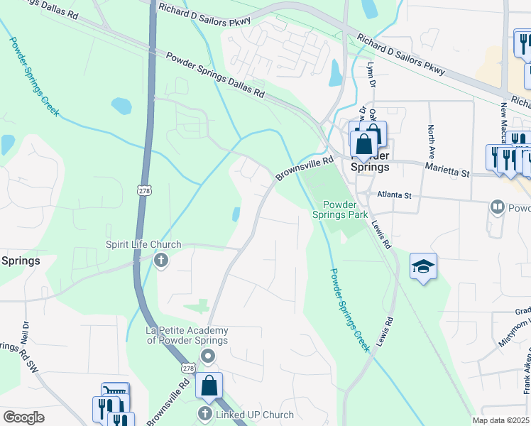 map of restaurants, bars, coffee shops, grocery stores, and more near 4121 Brownsville Road in Powder Springs