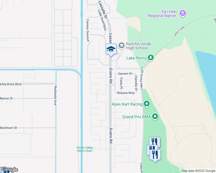 map of restaurants, bars, coffee shops, grocery stores, and more near 4521 Highland Avenue in Perris