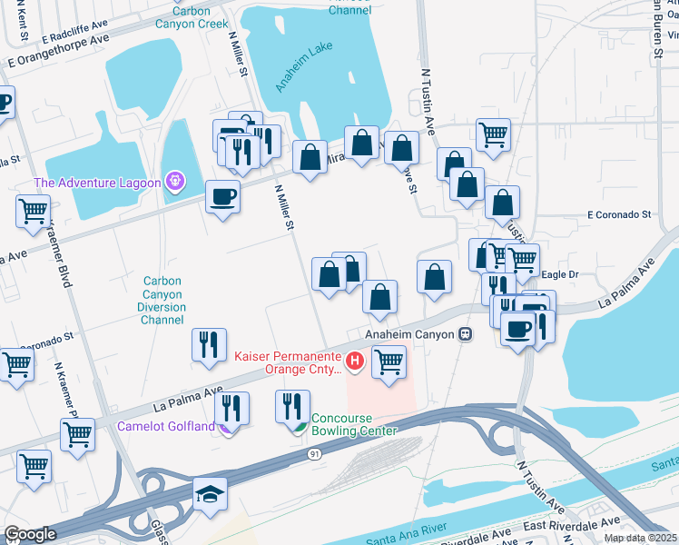 map of restaurants, bars, coffee shops, grocery stores, and more near 1180 North Miller Street in Anaheim