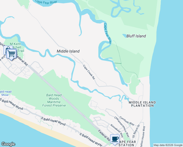 map of restaurants, bars, coffee shops, grocery stores, and more near 17 Cape Creek Road in Bald Head Island