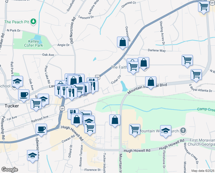 map of restaurants, bars, coffee shops, grocery stores, and more near 2477 Ivey Crest Circle in Tucker