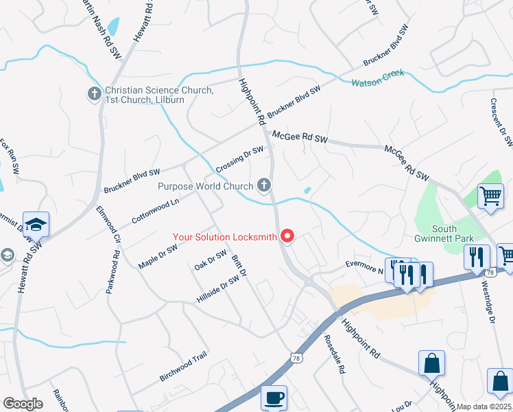 map of restaurants, bars, coffee shops, grocery stores, and more near 1925 Highpoint Road in Snellville