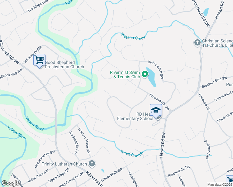 map of restaurants, bars, coffee shops, grocery stores, and more near 3885 Hunting Ridge Drive Southwest in Lilburn