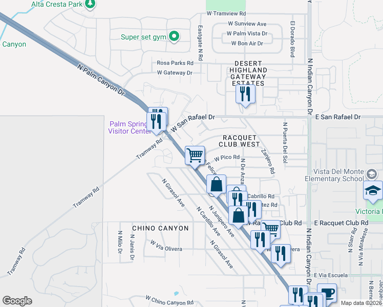 map of restaurants, bars, coffee shops, grocery stores, and more near 2825 North Los Felices Road in Palm Springs