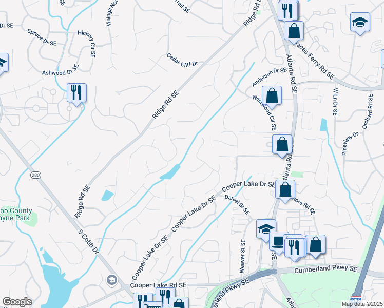 map of restaurants, bars, coffee shops, grocery stores, and more near 4062 Vinings Mill Trail in Smyrna