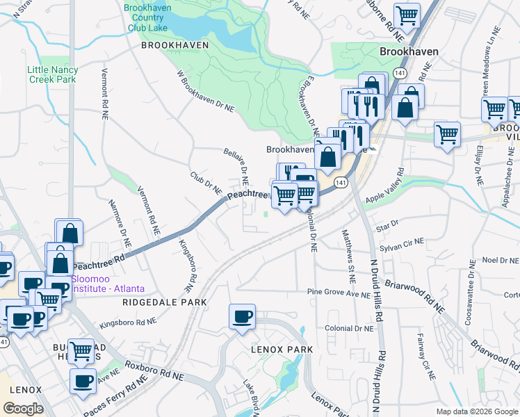 map of restaurants, bars, coffee shops, grocery stores, and more near 2443 East Club Drive Northeast in Atlanta