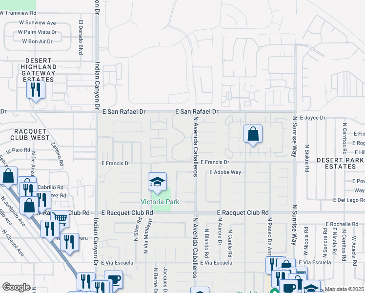 map of restaurants, bars, coffee shops, grocery stores, and more near 944 Sundance Circle South in Palm Springs