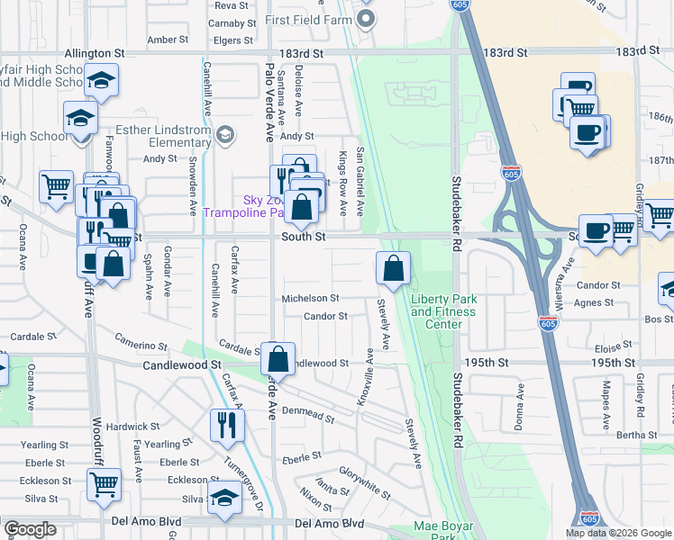 map of restaurants, bars, coffee shops, grocery stores, and more near 6602 Wolfe Street in Lakewood