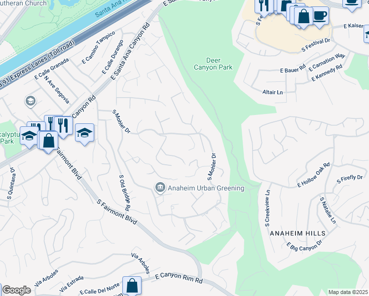map of restaurants, bars, coffee shops, grocery stores, and more near 309 South Penny Lane in Anaheim
