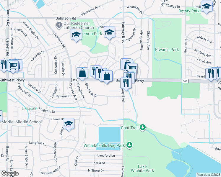 map of restaurants, bars, coffee shops, grocery stores, and more near 4701 Southwest Parkway in Wichita Falls