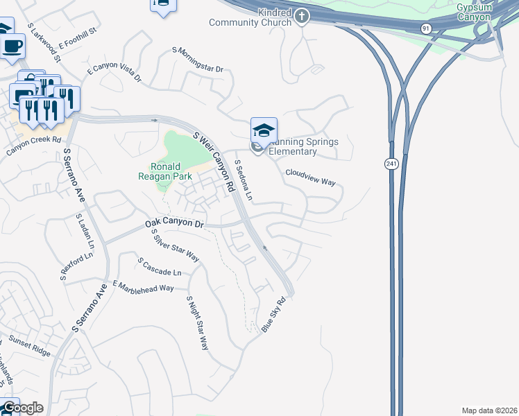 map of restaurants, bars, coffee shops, grocery stores, and more near 1033 South Sedona Lane in Anaheim
