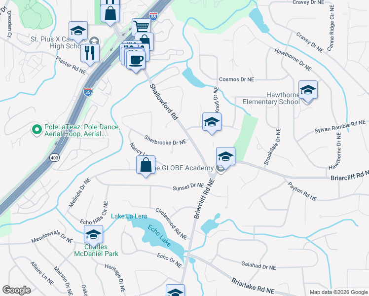 map of restaurants, bars, coffee shops, grocery stores, and more near 2577 Sherbrooke Dr NE in Atlanta