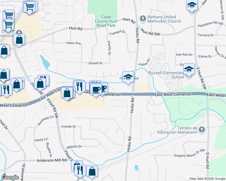 map of restaurants, bars, coffee shops, grocery stores, and more near 909 Peel Castle Lane in Austell