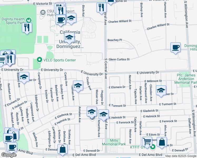 map of restaurants, bars, coffee shops, grocery stores, and more near 1255 East Millmont Street in Carson