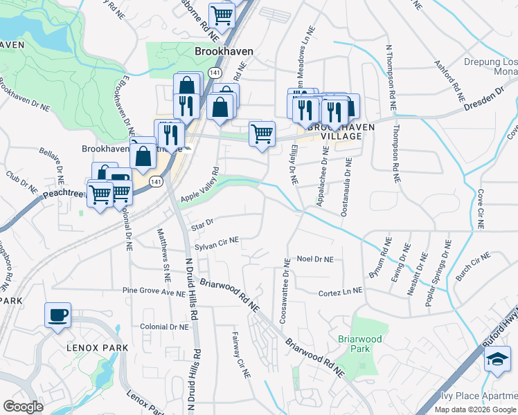 map of restaurants, bars, coffee shops, grocery stores, and more near 1385 Sylvan Circle Northeast in Atlanta