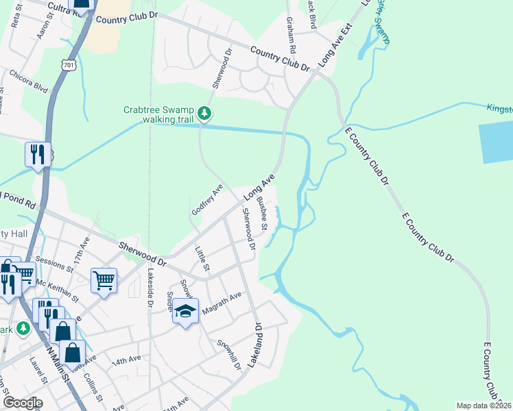 map of restaurants, bars, coffee shops, grocery stores, and more near 158 Busbee Street in Conway