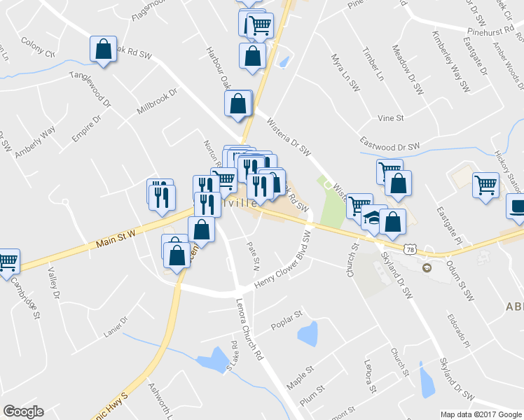 map of restaurants, bars, coffee shops, grocery stores, and more near 2484 E Main St in Snellville