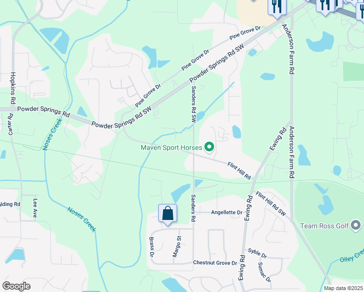 map of restaurants, bars, coffee shops, grocery stores, and more near 3989 Flint Hill Road in Powder Springs