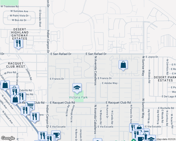 map of restaurants, bars, coffee shops, grocery stores, and more near 944 Sundance Circle South in Palm Springs