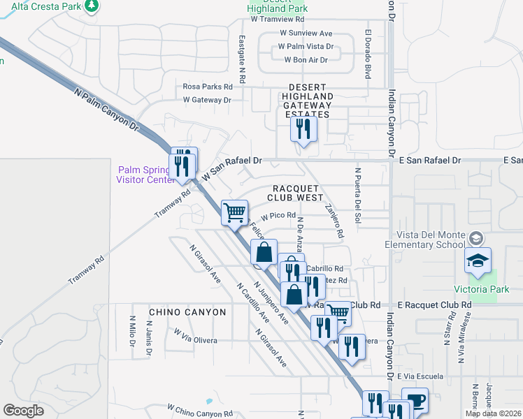 map of restaurants, bars, coffee shops, grocery stores, and more near 525 West Pico Road in Palm Springs