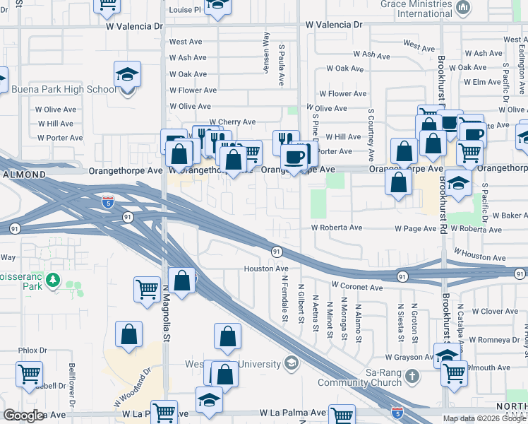 map of restaurants, bars, coffee shops, grocery stores, and more near 1438 South Peckham Street in Fullerton
