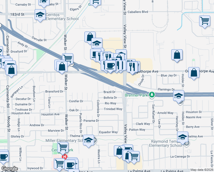 map of restaurants, bars, coffee shops, grocery stores, and more near 7341 Argentina Circle in Buena Park