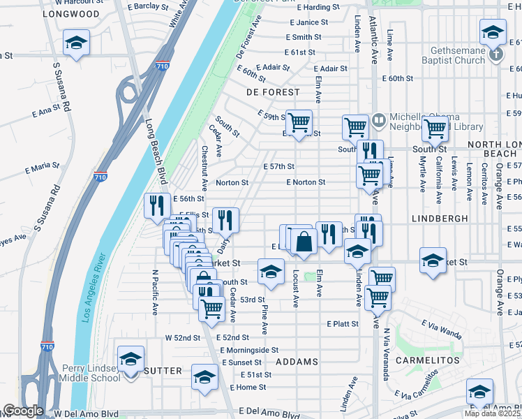 map of restaurants, bars, coffee shops, grocery stores, and more near 178 East Ellis Street in Long Beach