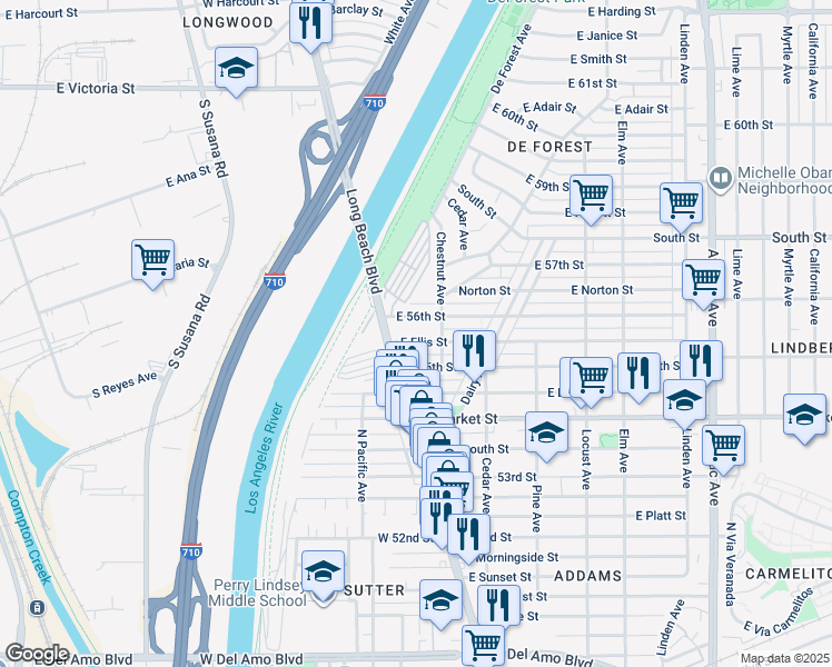 map of restaurants, bars, coffee shops, grocery stores, and more near 5530 Long Beach Boulevard in Long Beach