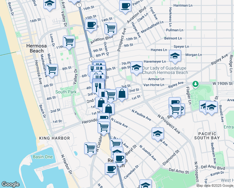 map of restaurants, bars, coffee shops, grocery stores, and more near 922 2nd Street in Hermosa Beach
