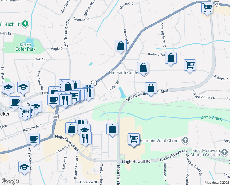 map of restaurants, bars, coffee shops, grocery stores, and more near 2443 Wynsley Way in Tucker