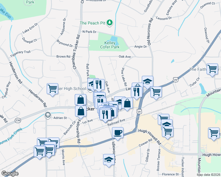map of restaurants, bars, coffee shops, grocery stores, and more near 5066 Lavista Road in Tucker
