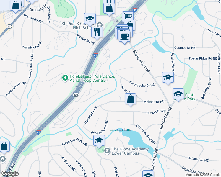 map of restaurants, bars, coffee shops, grocery stores, and more near 2424 Melinda Court Northeast in Atlanta