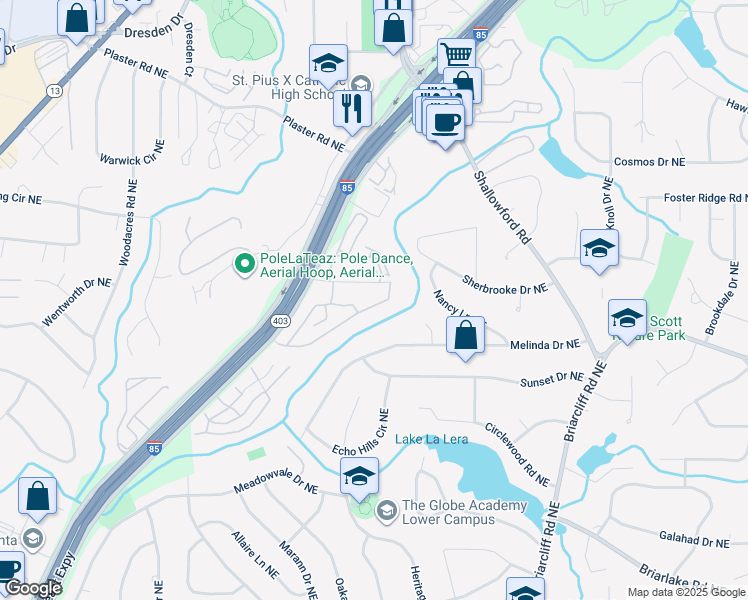 map of restaurants, bars, coffee shops, grocery stores, and more near 2435 Peachwood Circle Northeast in Atlanta