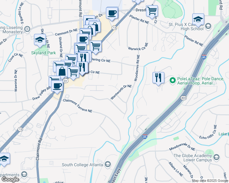 map of restaurants, bars, coffee shops, grocery stores, and more near 2442 Wentworth Drive Northeast in Atlanta