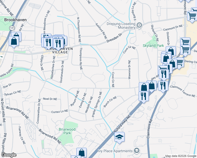 map of restaurants, bars, coffee shops, grocery stores, and more near 2395 Thompson Road Northeast in Atlanta